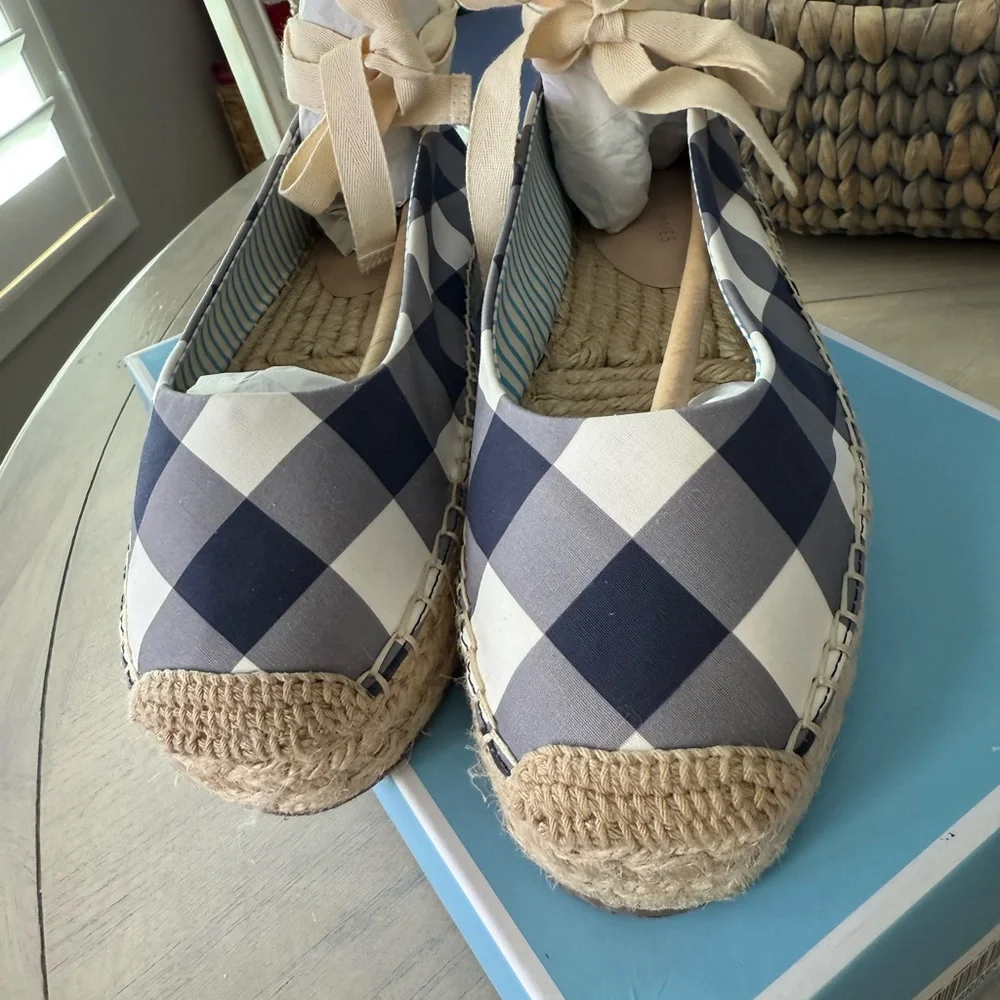 Draper James Navy and White Espadrille Flats with Ankle Tie